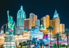LAS VEGAS, USA - September 20, 2016: Colorful Downtown Las Vegas with world famous Strip and New York New York hotel and casino complex illuminated beautifully at night, Nevada, USA